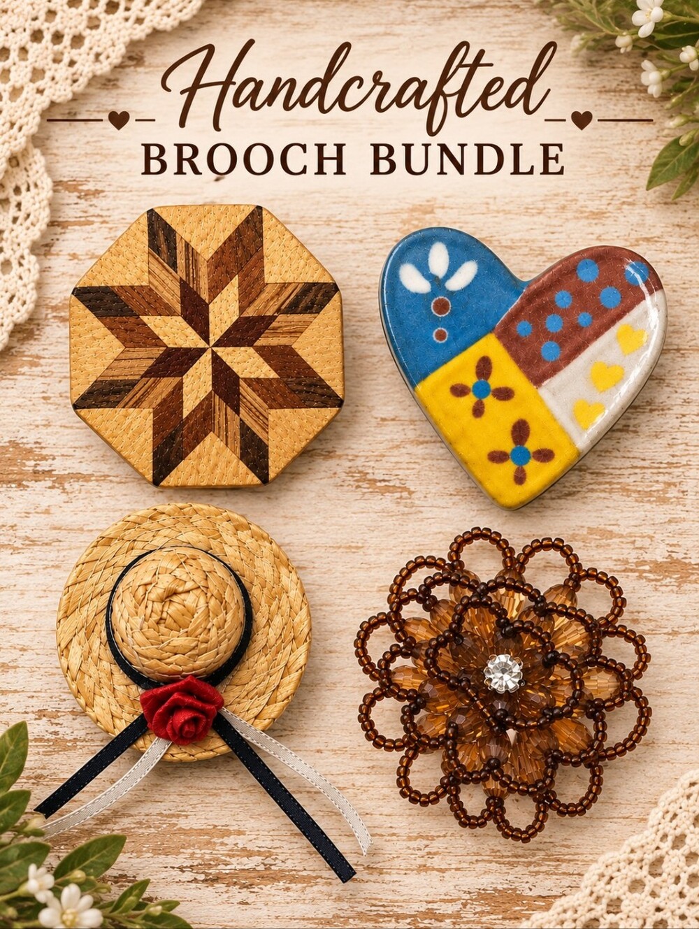 Handcrafted Natural Tone Brooch Bundle - Picture 1 of 6